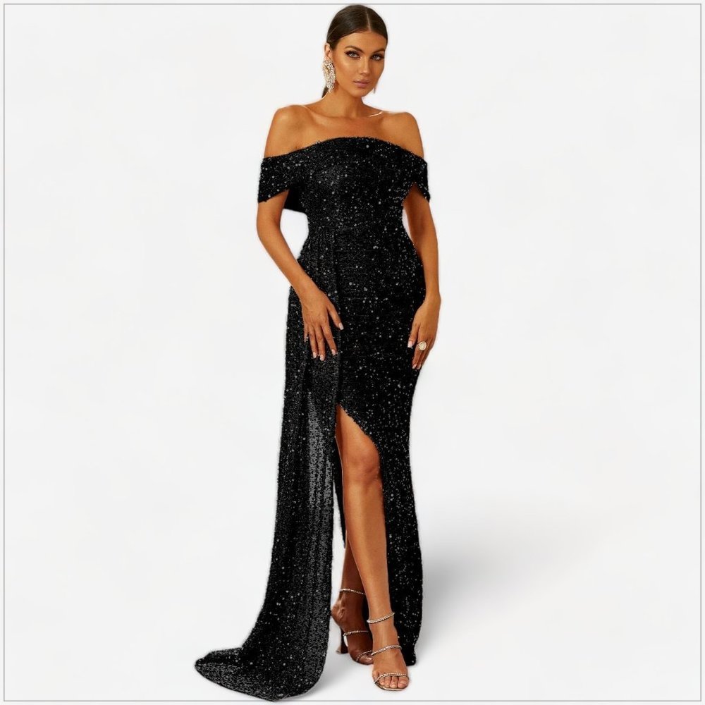 Miss Ord Black Sequin Off Shoulder Maxi Gown Dress Draped Slit NWT NEW L